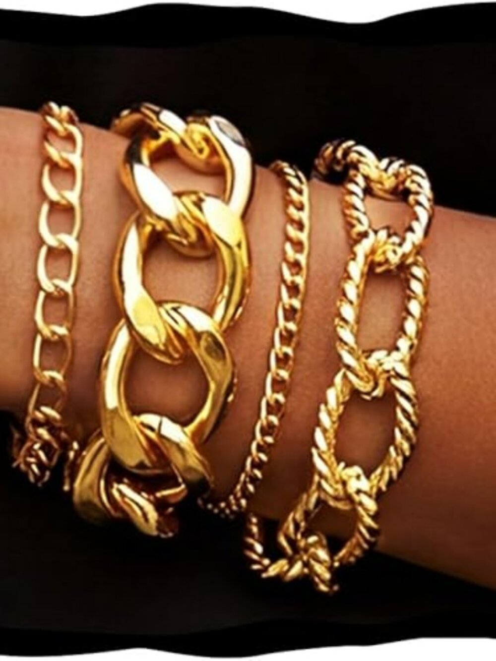 NEW 4 pc Gold Bracelet Stack Tarnish 14K Gold Chunky Bangle Set Cuban Link‎